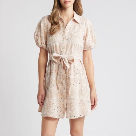 Sam Edelman Belted Eyelet Mini Shirtdress Womens Size 10 Preppy Girly Feminine - Picture 1 of 15